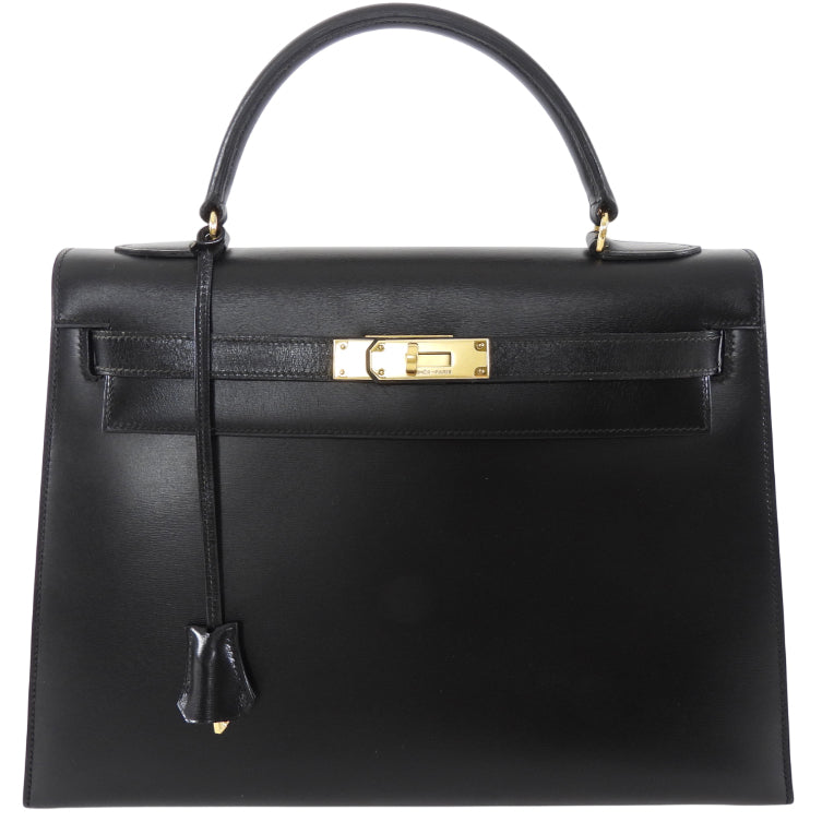 Hermes Vintage 1979 Black Box Calf Leather Sellier Kelly 32 Bag