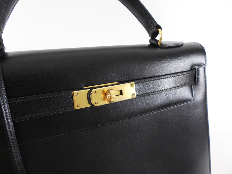 Hermes Vintage 1979 Black Box Calf Leather Sellier Kelly 32 Bag