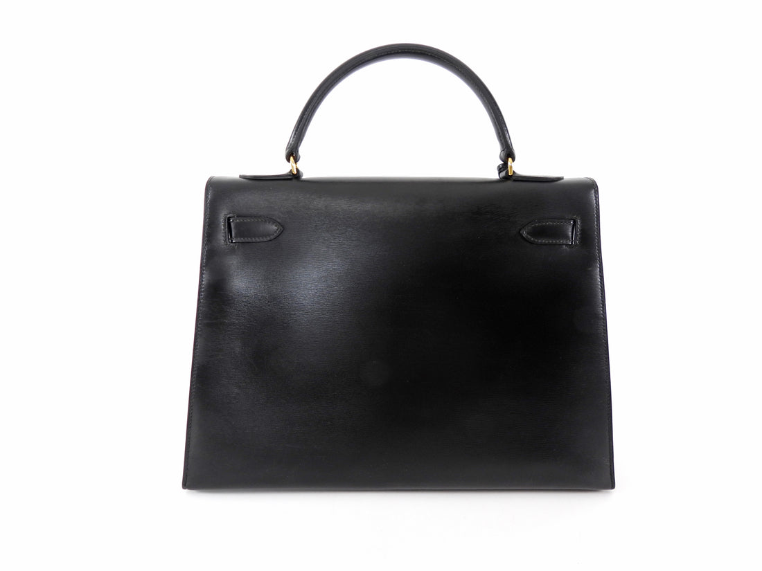 Hermes Vintage 1979 Black Box Calf Leather Sellier Kelly 32 Bag