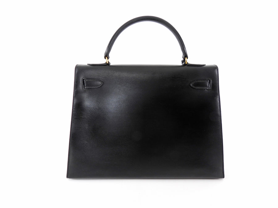 Hermes Vintage 1979 Black Box Calf Leather Sellier Kelly 32 Bag