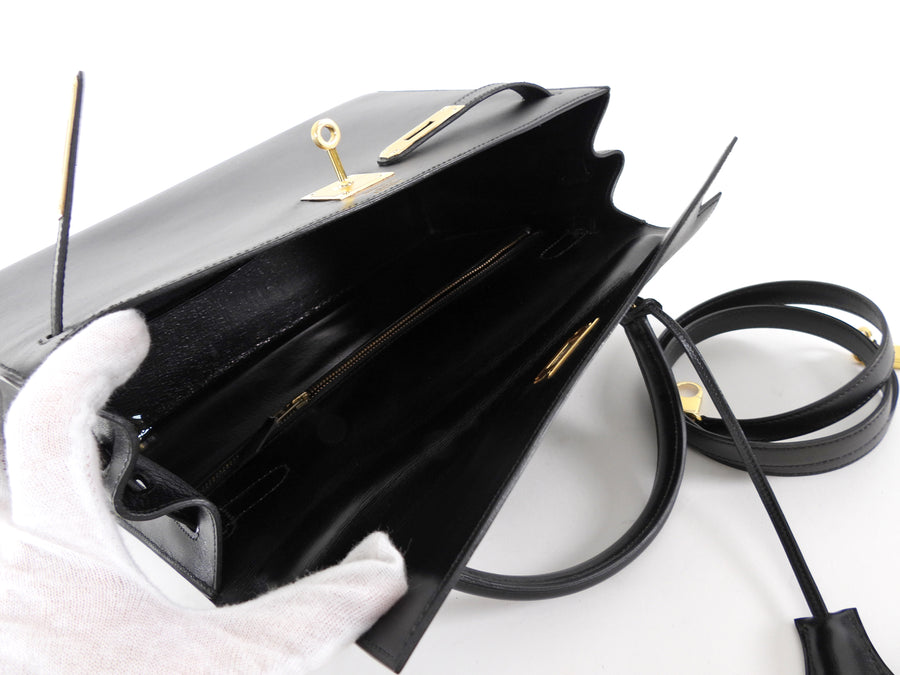 Hermes Vintage 1979 Black Box Calf Leather Sellier Kelly 32 Bag