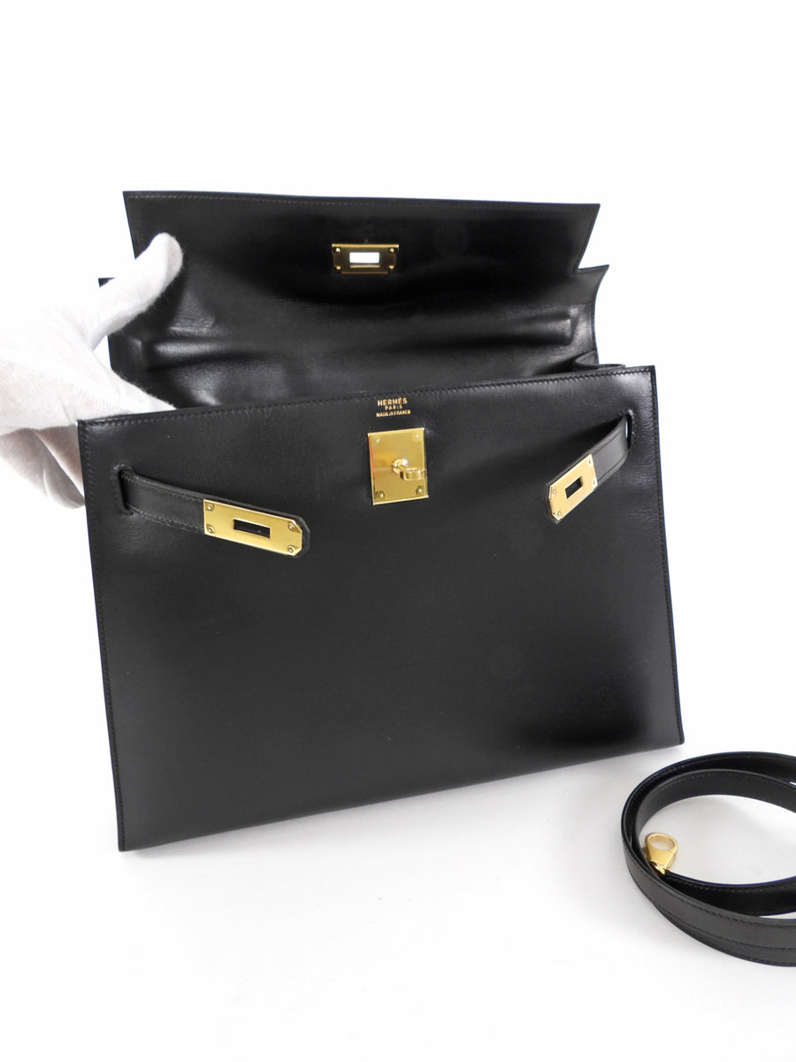 Hermes Vintage 1979 Black Box Calf Leather Sellier Kelly 32 Bag