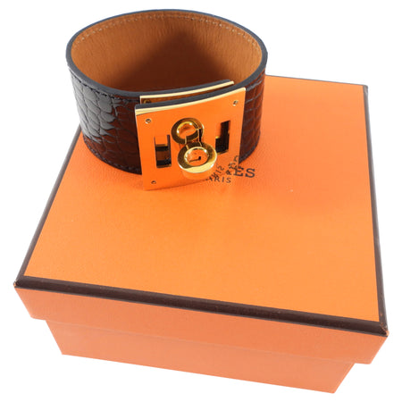 Hermes Black Shiny Alligator Kelly Dog Cuff Bracelet GHW