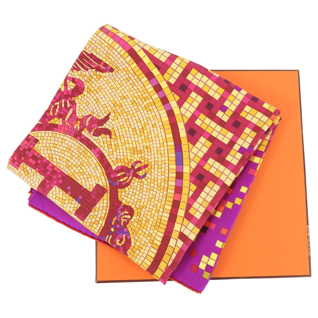Hermes Mosaique Au 24 Silk Twil 90cm Scarf Magenta / Yellow