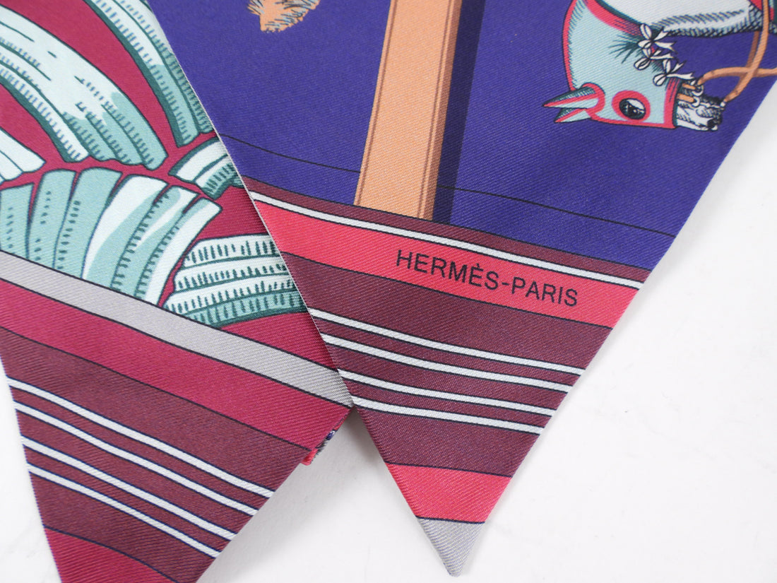 Hermes Carre en Carres Silk Maxi Twilly Scarf Violet, Burgundy, Teal