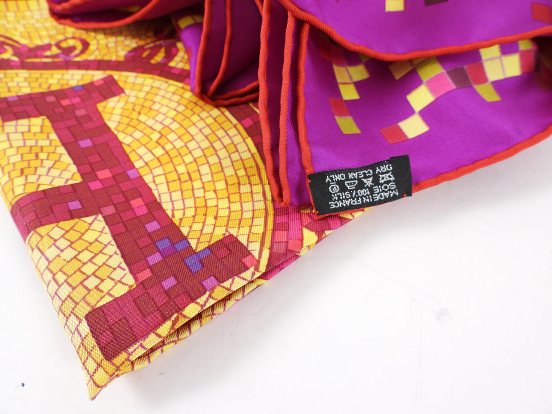 Hermes Mosaique Au 24 Silk Twil 90cm Scarf Magenta / Yellow