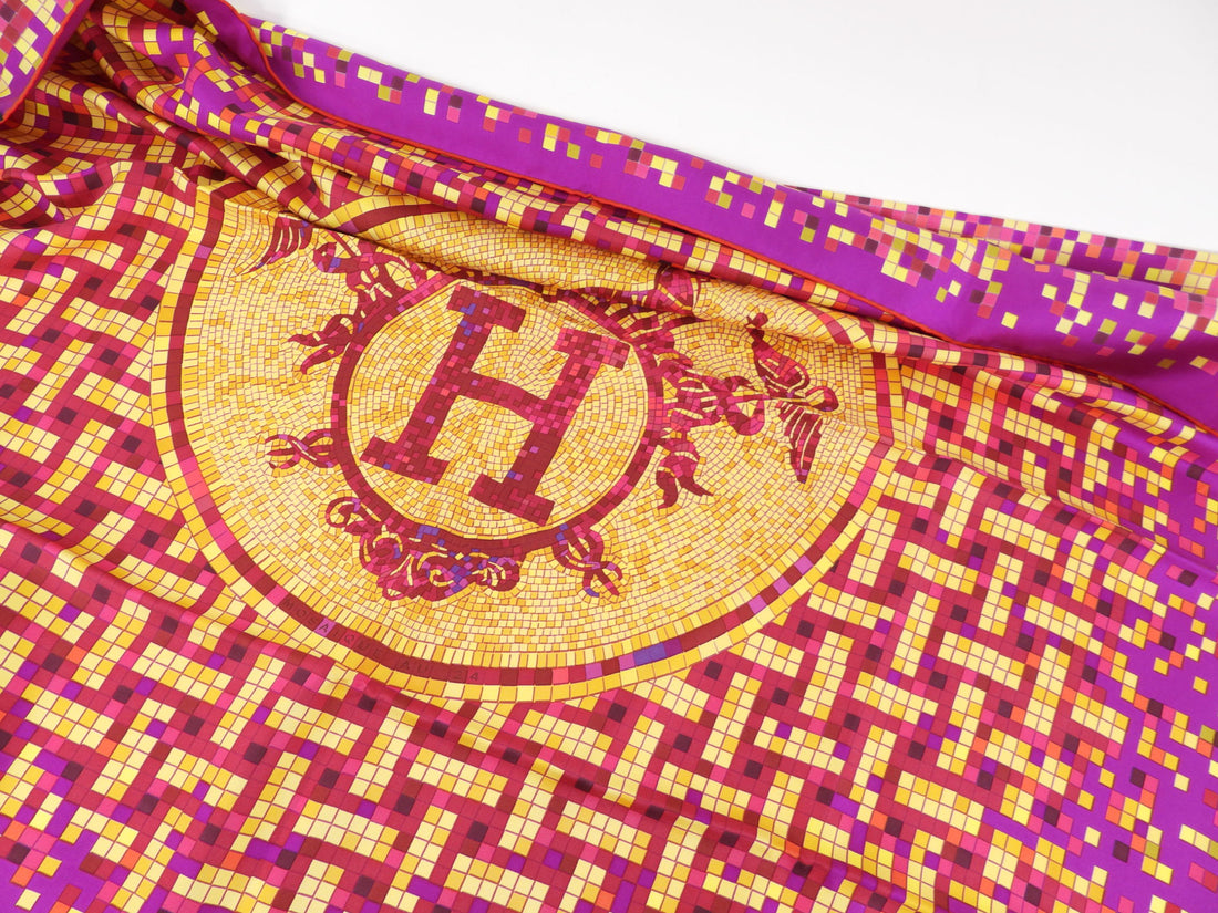 Hermes Mosaique Au 24 Silk Twil 90cm Scarf Magenta / Yellow