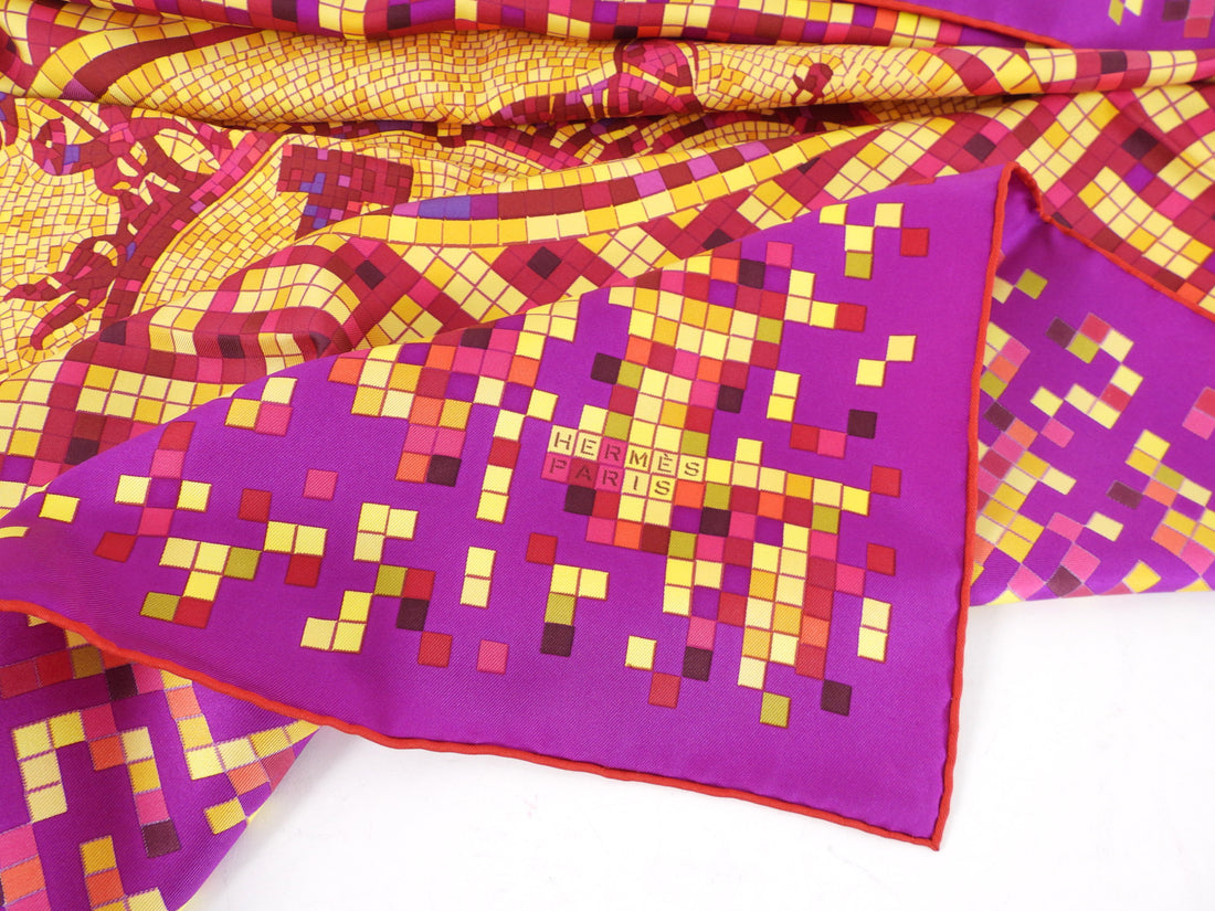 Hermes Mosaique Au 24 Silk Twil 90cm Scarf Magenta / Yellow