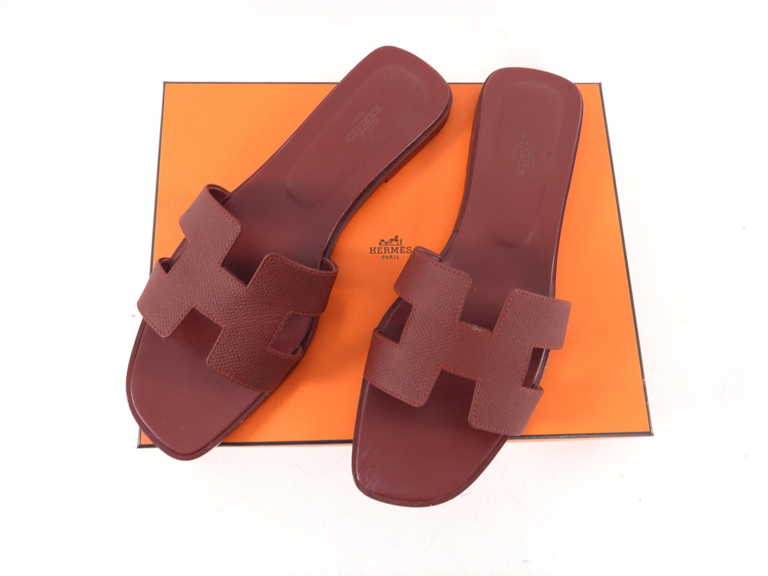 Hermes Burgundy Oran H Flat Sandals - 42