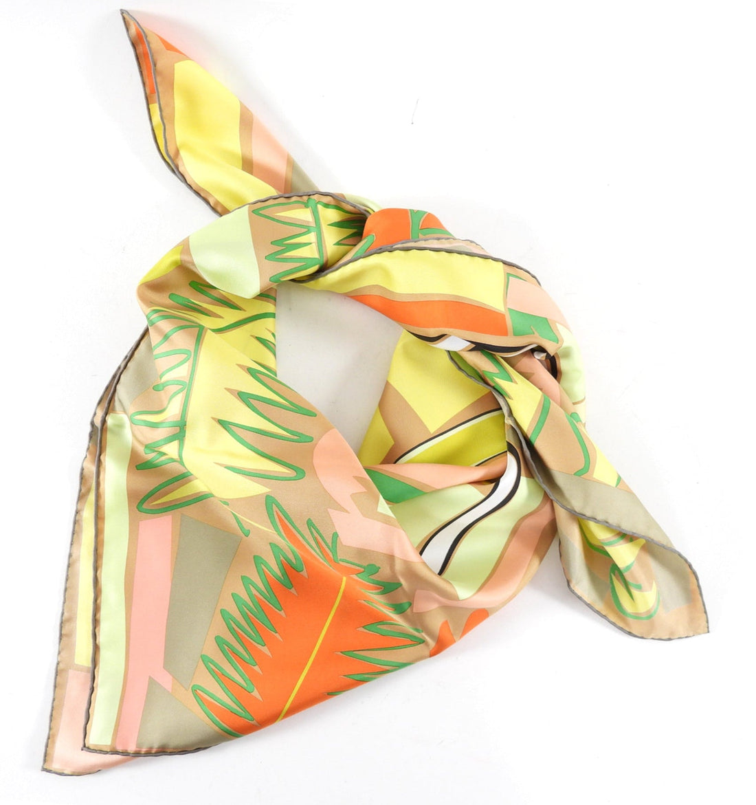 Hermes Sea Surf Fun Taupe Lime Green Surfboard Palm 90cm Silk Scarf