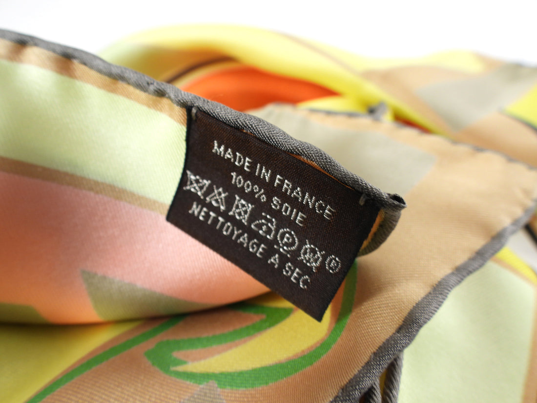 Hermes Sea Surf Fun Taupe Lime Green Surfboard Palm 90cm Silk Scarf