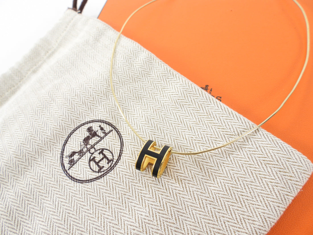 Hermes Black Enamel Goldtone Pop H Pendant Necklace