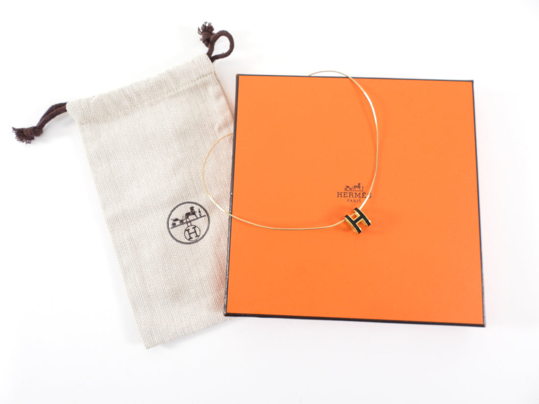 Hermes Black Enamel Goldtone Pop H Pendant Necklace