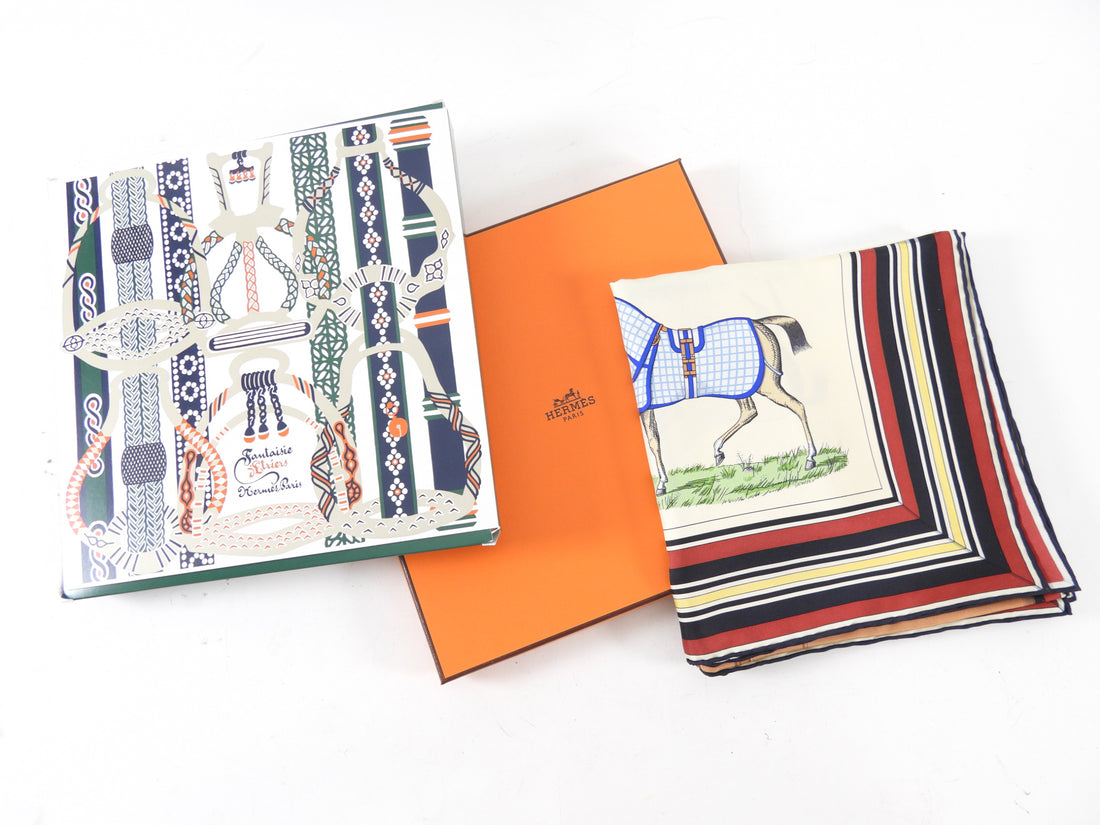 Hermes Couvertures et Tenues 90cm Brown and White Silk Scarf