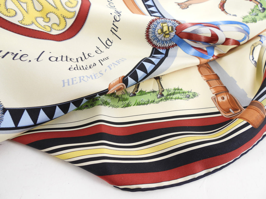Hermes Couvertures et Tenues 90cm Brown and White Silk Scarf