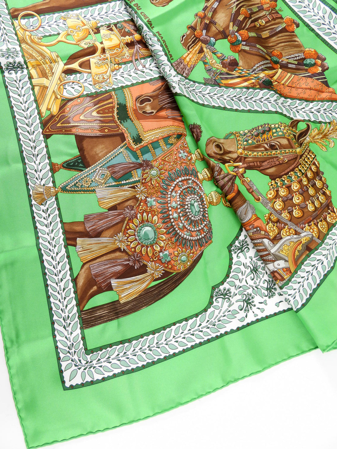 Hermes Green and brown La Danse du Cheval Marwari 90cm Silk Scarf