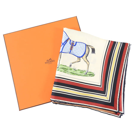 Hermes Couvertures et Tenues 90cm Brown and White Silk Scarf
