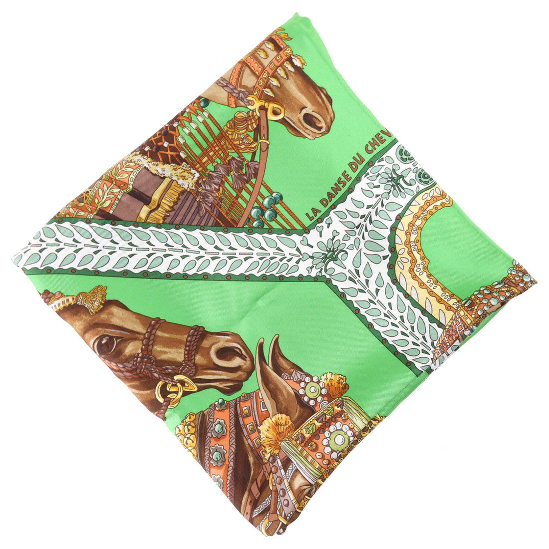 Hermes Green and brown La Danse du Cheval Marwari 90cm Silk Scarf