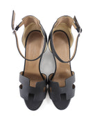 Hermes Black Leather H Legend Wedge Ankle Strap Sandals - 38