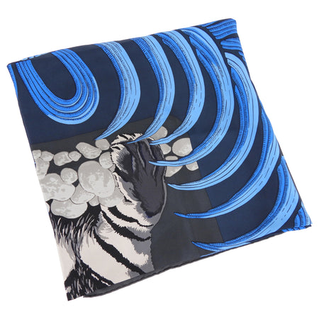 Hermes Silk Twill 140cm Giant Shawl Scarf Tigre Royal Blue Graphite, Beige