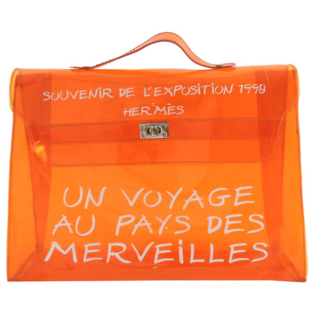Hermes Vintage 1998 Orange Souvenir De L'Exposition Transparent Vinyl Kelly Bag