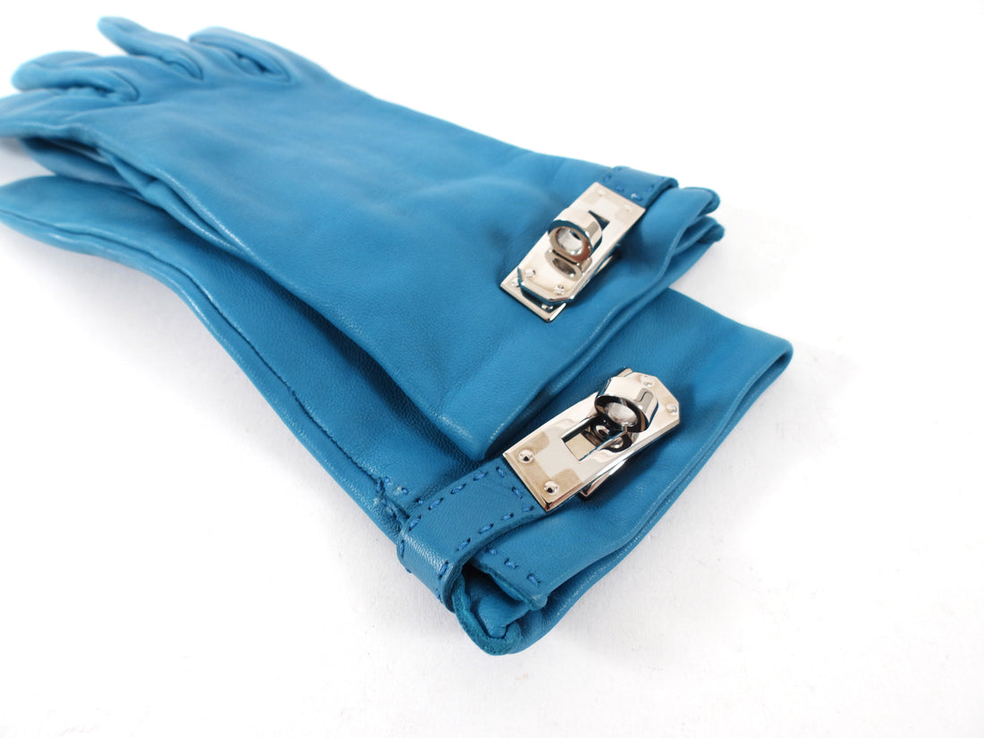 Hermes Vintage Turquoise Leather Kelly Lock Gloves - 6.5 XS