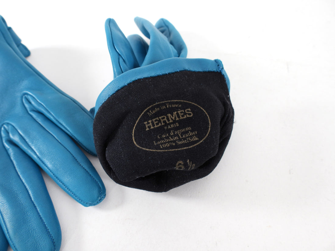 Hermes Vintage Turquoise Leather Kelly Lock Gloves - 6.5 XS