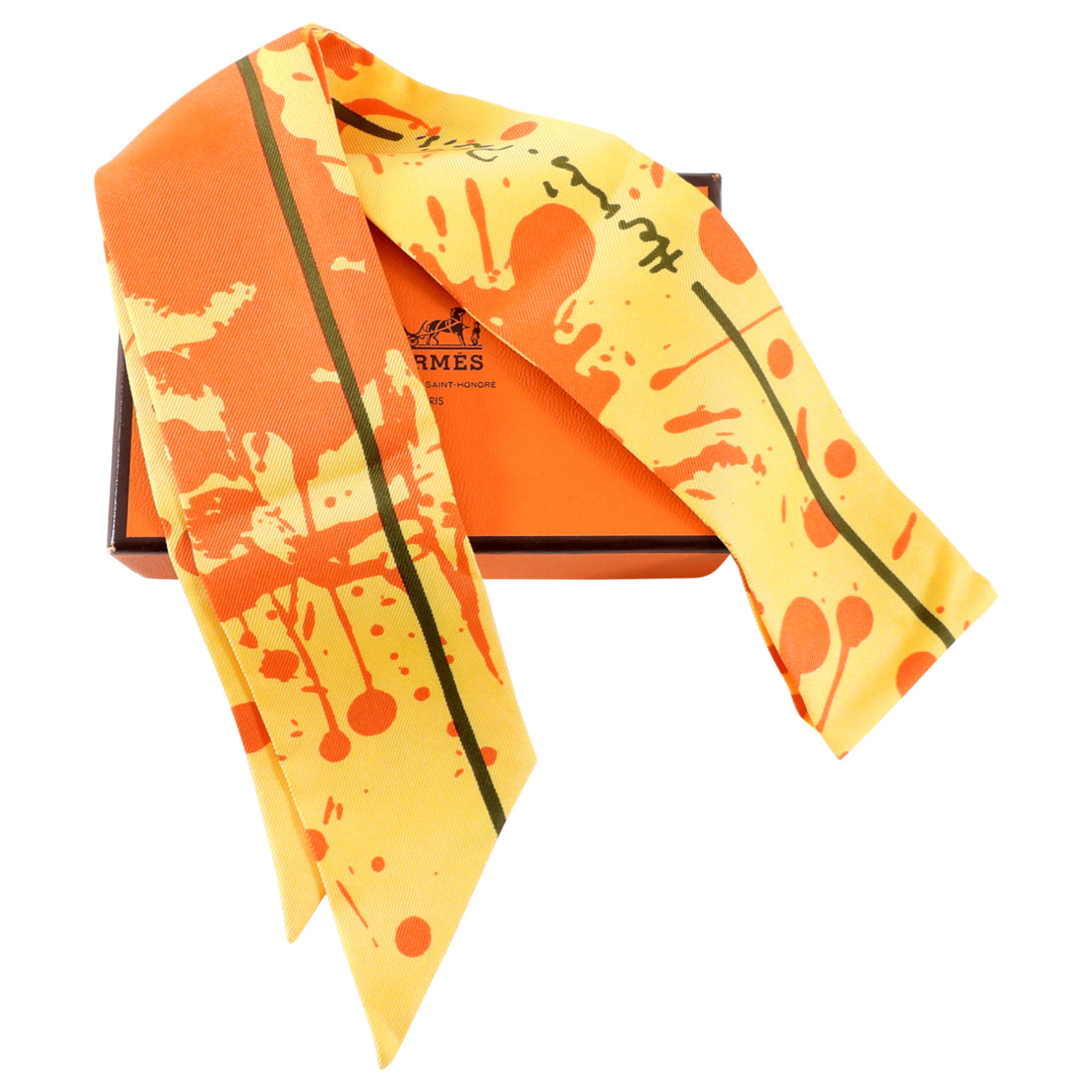 Hermes Orange and Yellow Silk Twilly Scarf