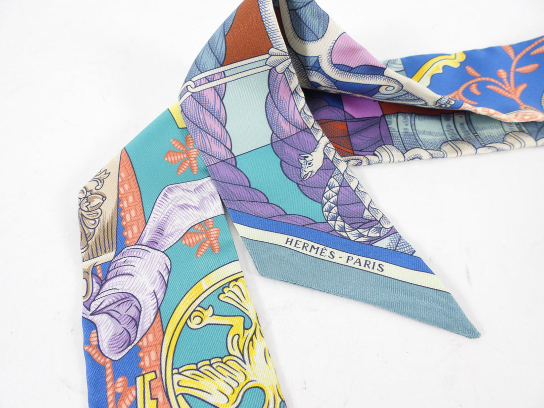 Hermes Cavalleria D'etriers Celedon / Blue / Old Pink Twilly Silk