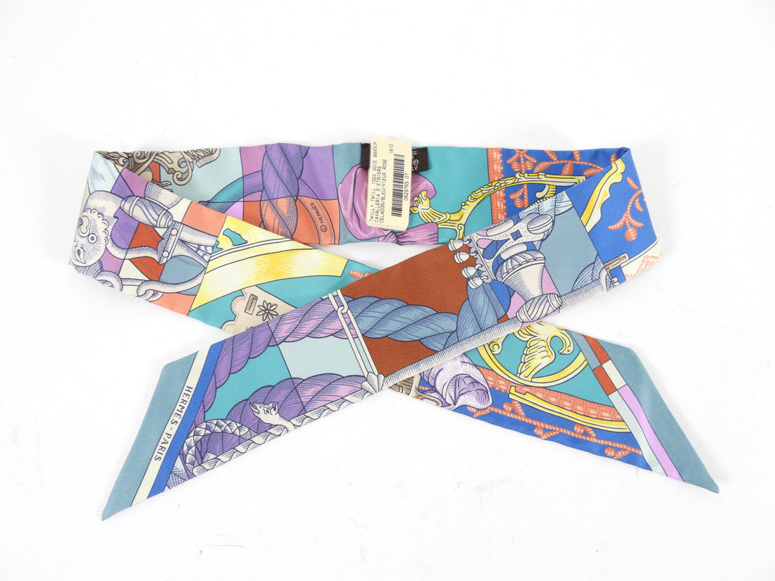 Hermes Cavalleria D'etriers Celedon / Blue / Old Pink Twilly Silk