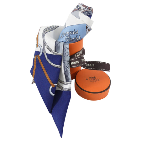 Hermes Cliquetis Twilly Silk Scarf Navy White Brown