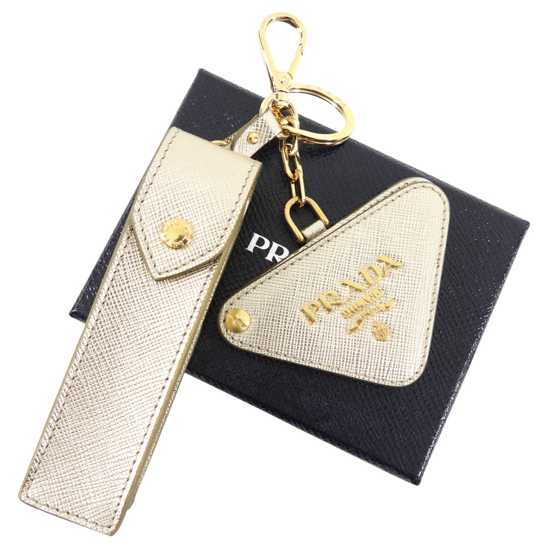 Prada Gold Saffiano Leather Bag Charm / Key Ring / Lipstick Holder