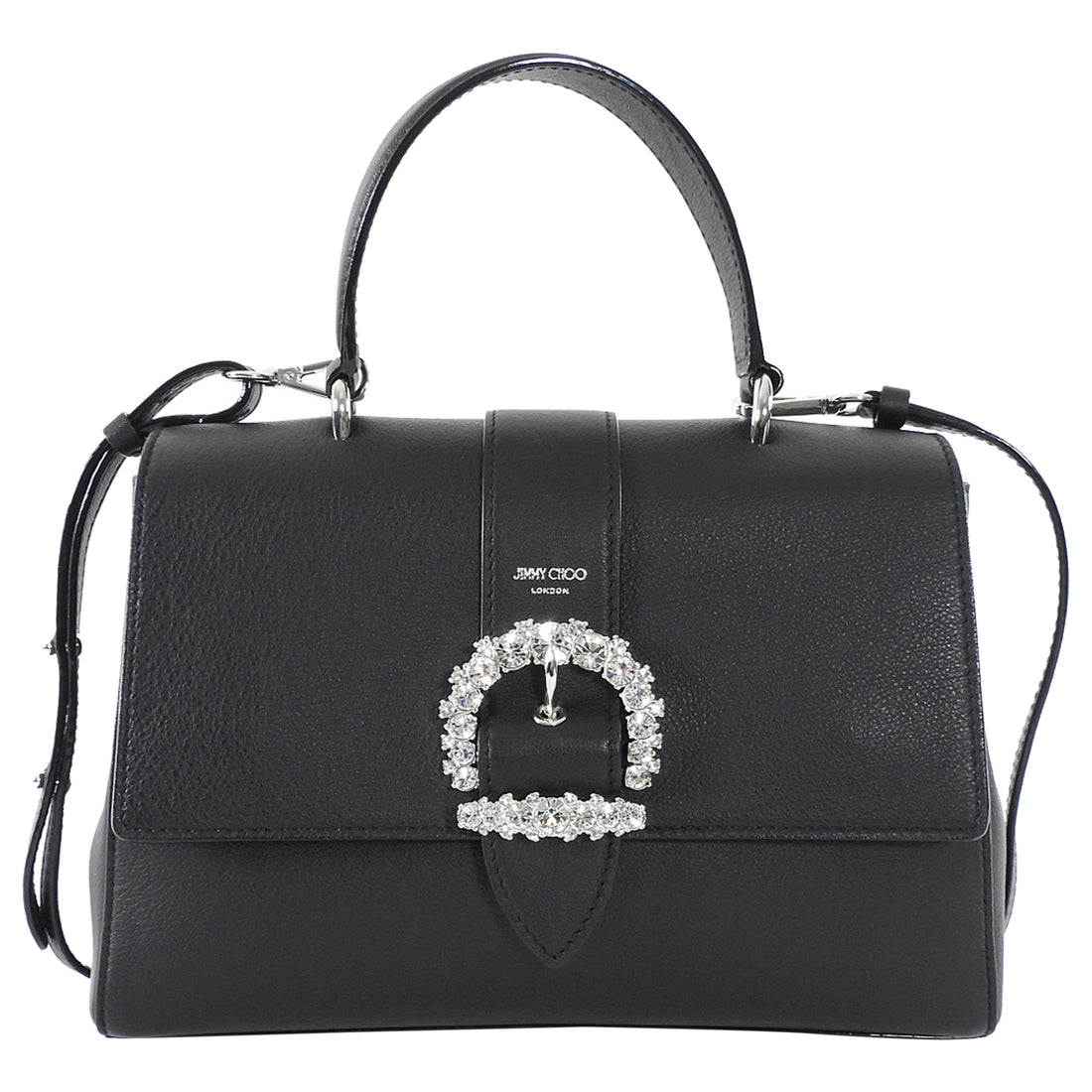 Jimmy Choo Cheri Jeweled Buckle Black Leather Small Top Handle Bag