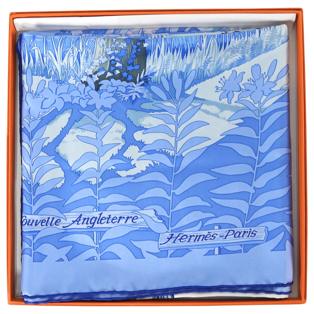 Hermes Blue Jardins de Nouvelle Angleterre Silk 90cm Scarf