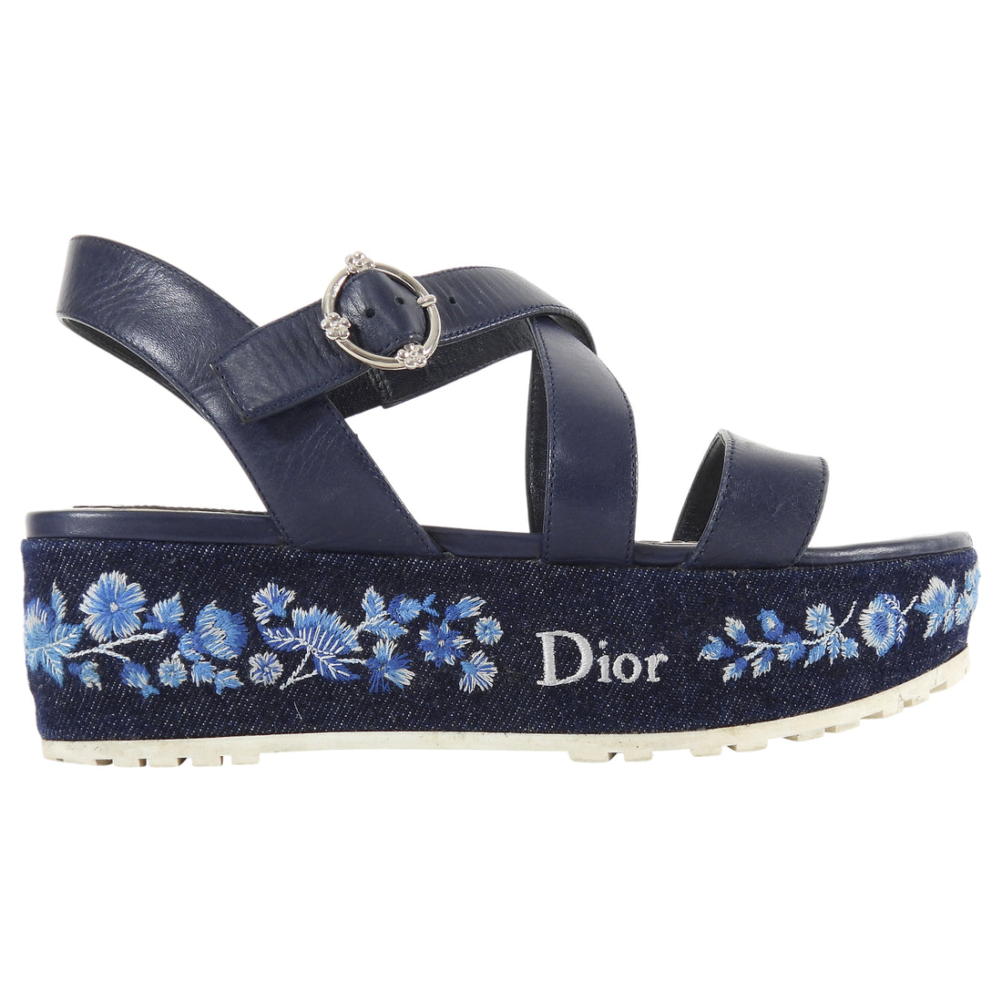 Dior Navy Blue Embroidered Denim Prairie Leather Platform Sandals - 36