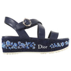Dior Navy Blue Embroidered Denim Prairie Leather Platform Sandals - 36