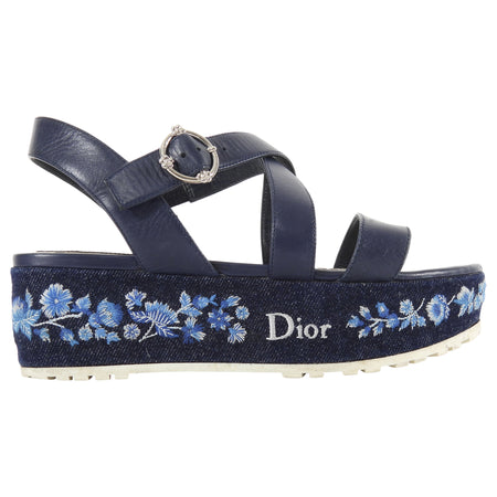 Dior Navy Blue Embroidered Denim Prairie Leather Platform Sandals - 36