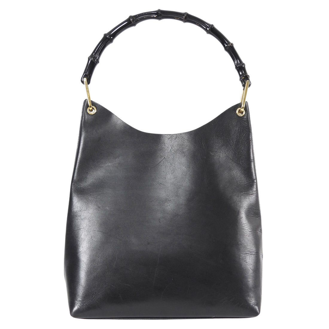 Gucci Black Vintage Smooth Leather Bamboo Handle Medium Tote Bag