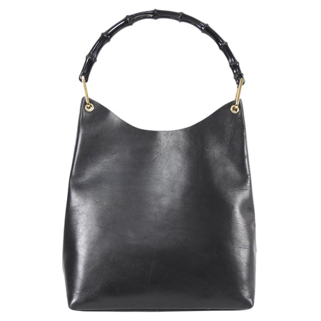 Gucci Black Vintage Smooth Leather Bamboo Handle Medium Tote Bag