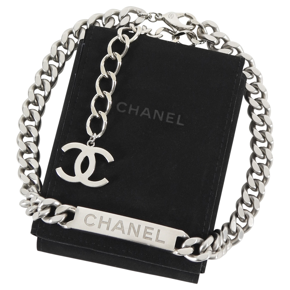 Chanel Silver Curb Link Chain Matte Silvertone ID Logo Bar Necklace