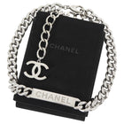 Chanel Silver Curb Link Chain Matte Silvertone ID Logo Bar Necklace
