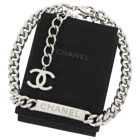 Chanel Silver Curb Link Chain Matte Silvertone ID Logo Bar Necklace