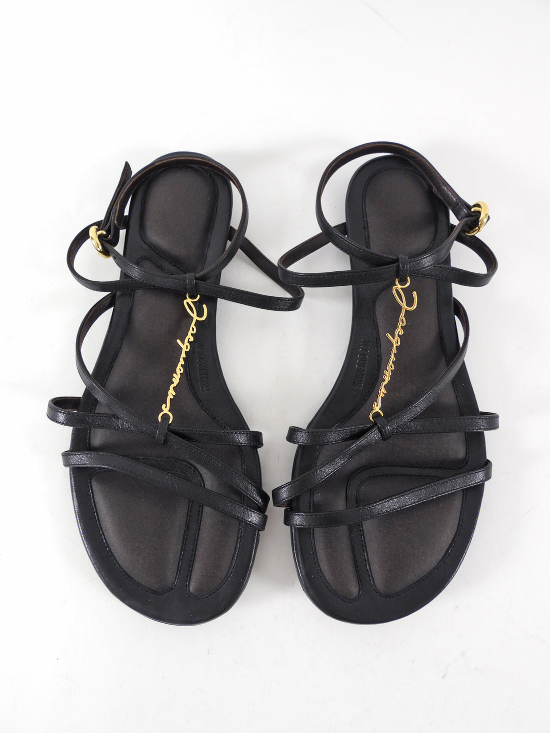 Jacquemus Black Leather Flat Pralu Logo Sandals - 37