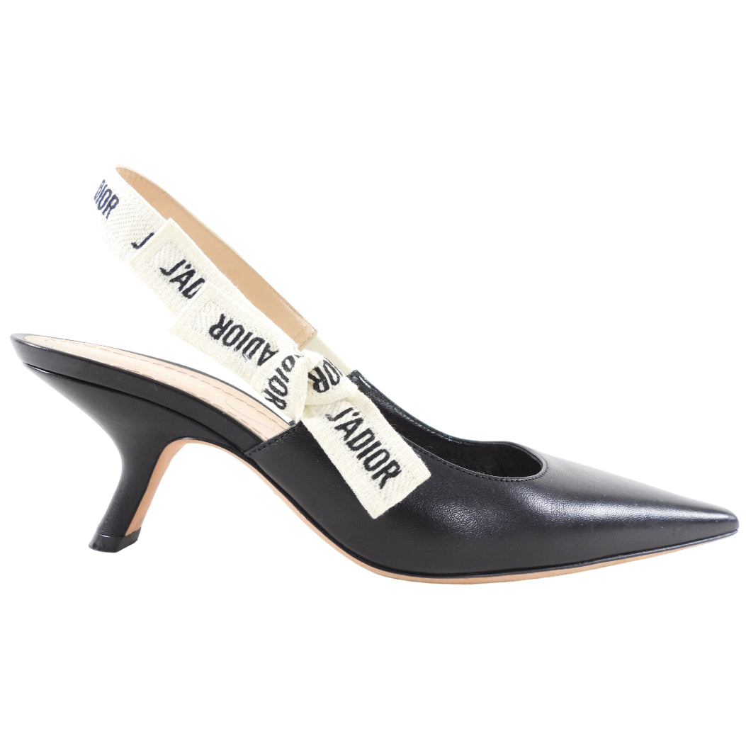 Dior J'Adior Black Leather and Logo Ribbon Slingback Heels - 37