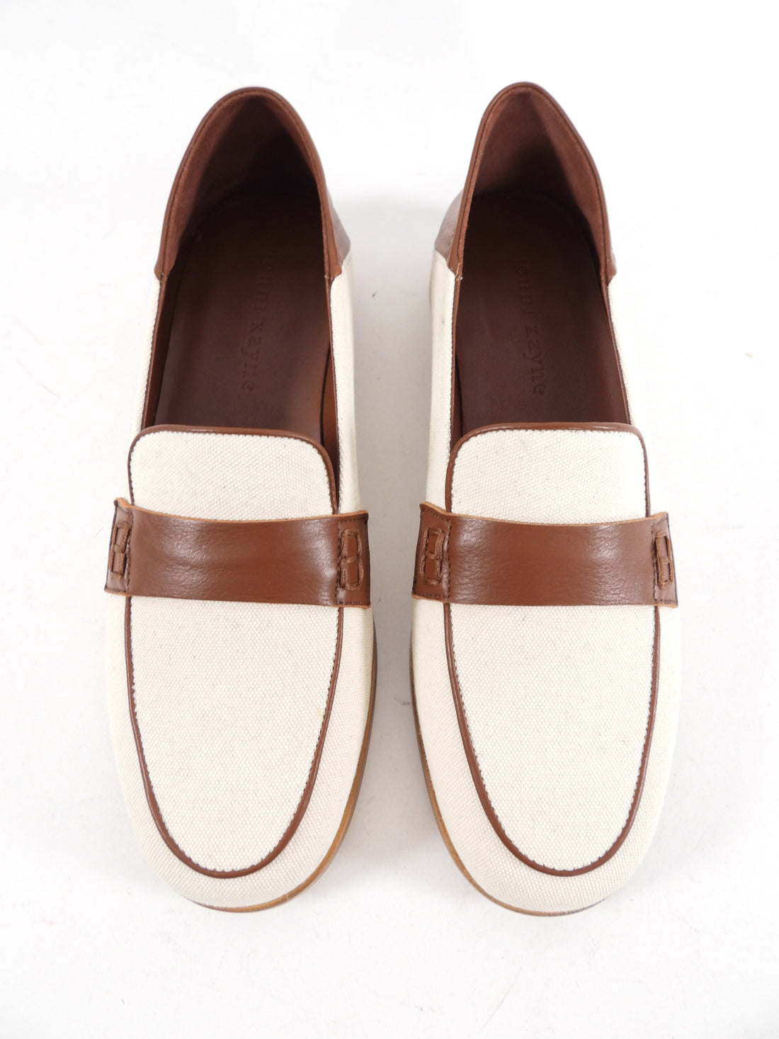 Jenni Kayne Ivory Canvas Toile and Brown Leather Loafers - 37