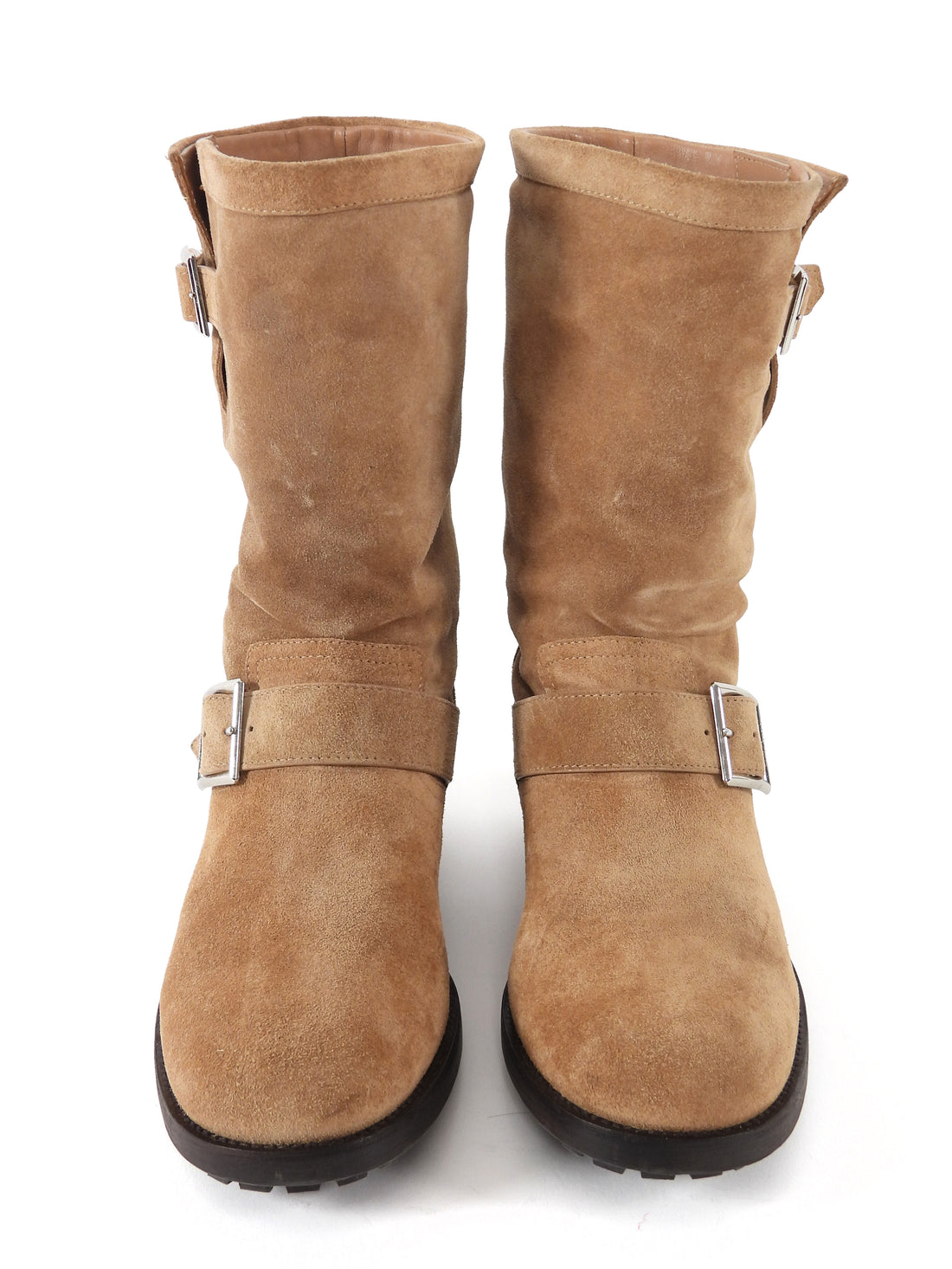 Jimmy Choo Toffee Brown Velvet Suede Biker Mid Buckled Ankle Boots - 39.5
