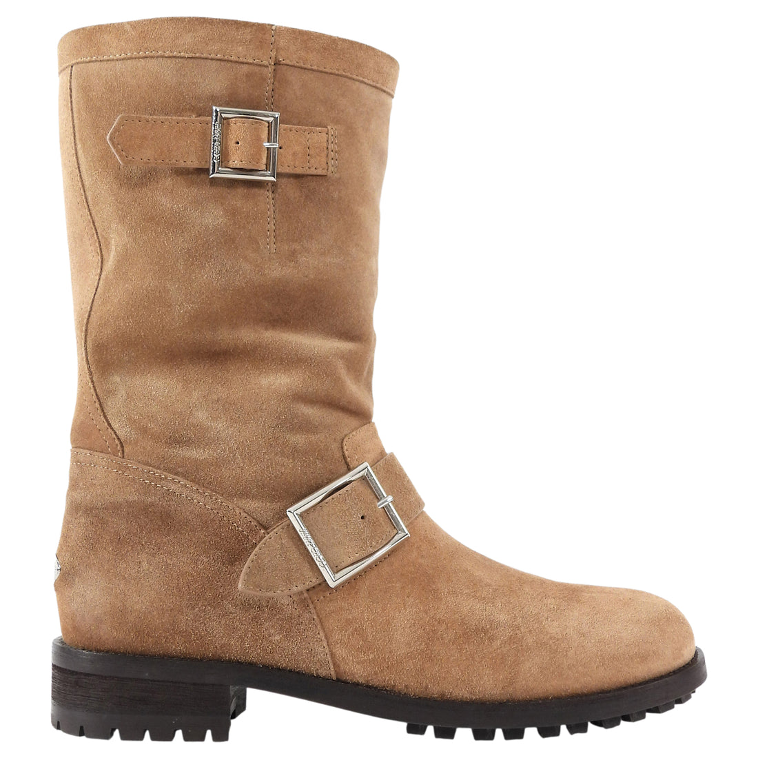 Jimmy Choo Toffee Brown Velvet Suede Biker Mid Buckled Ankle Boots - 39.5