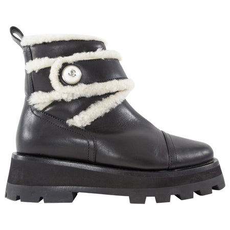 Jimmy Choo Black Leather and Shearling Meena Ankle Boot - 7