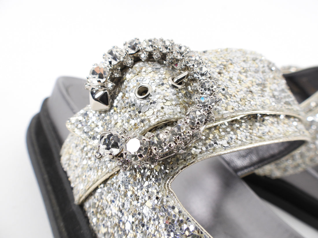 Jimmy Choo Marga Flat Silver Glitter and Crystal Sandals - 38.5