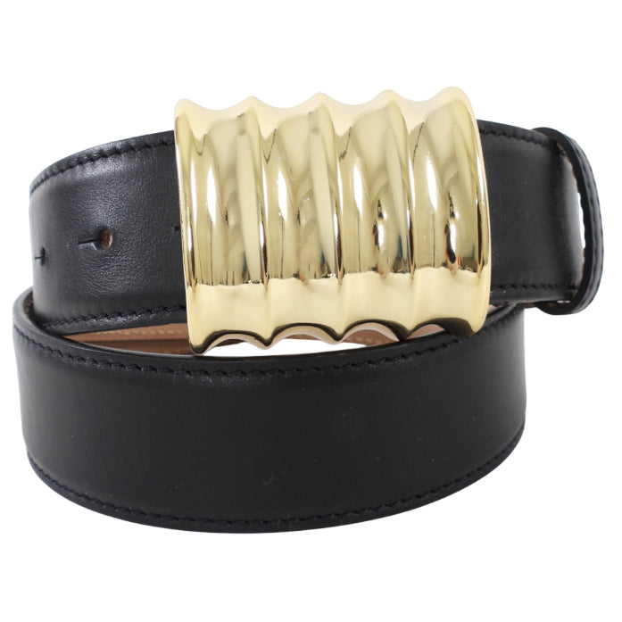 Khaite Julius Medium Black Leather Wide Gold Buckle Belt - 85